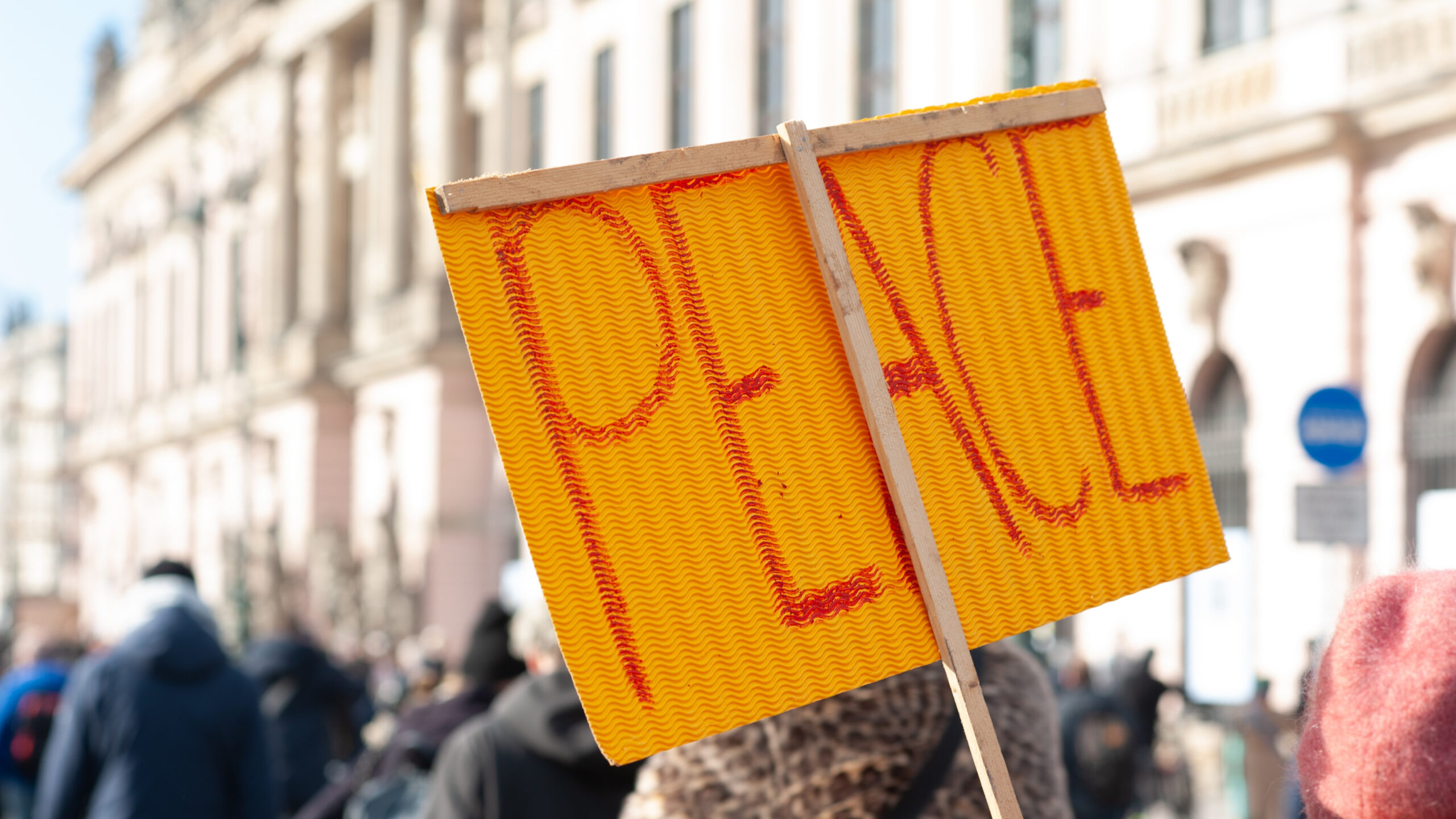 Foto von einer Demonstration auf dem ein Schild mit der Aufschrift "PEACE" zu sehen ist.